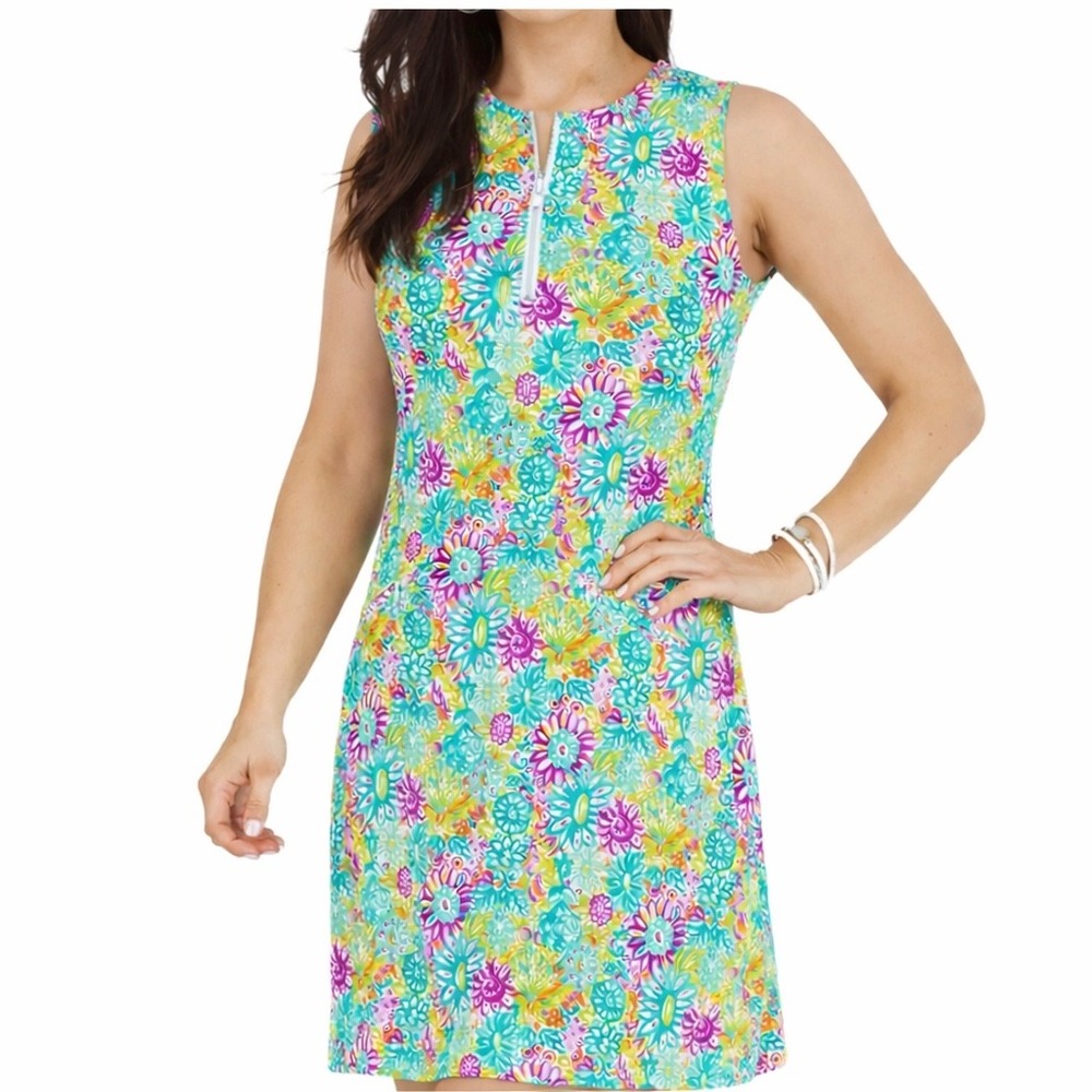IBKUL Floral Print Lilli Bright Sleeveless‎ Zip Athletic Dress S Golf Tennis EUC